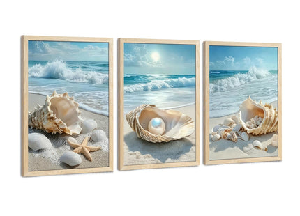 SYWENNOI Triptych Coastal Shell Pearl Framed Canvas Wall Art 12x16 inch x3