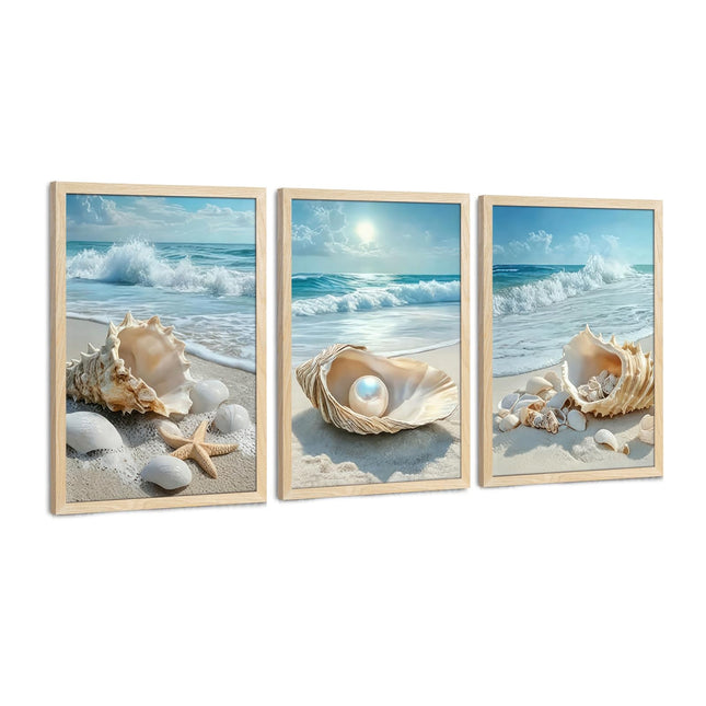 SYWENNOI Triptych Coastal Shell Pearl Framed Canvas Wall Art 12x16 inch x3