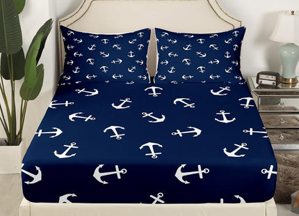 Manfei Summer Anchor Sheet Set Full Size, Nautical Anchor Bedding Set for Kids Boys Teens Room Decor, Fashion Navy Blue Bed Sheet Set 4pcs with Deep Pocket Fitted Sheet + Flat Sheet + 2 Pillowcases