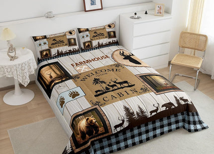 Rustic Cabin Bedding Sets Twin,Woodland Wildlife Bear Moose Deer Comforter Set for Men Boys Adults,Farmhouse Country Western Wooden Quilt,Patchwork Blue Brown Buffalo Plaid Duvet Insert,Microfibre