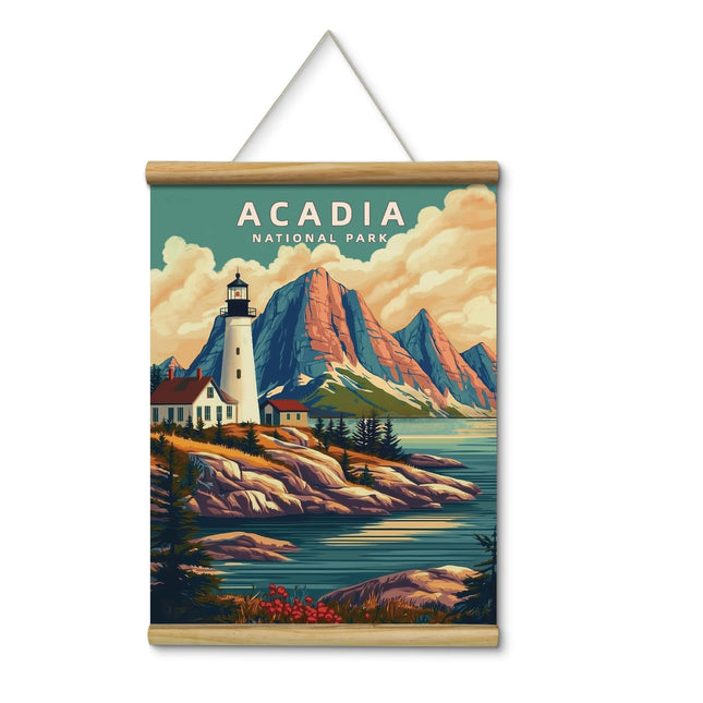 Acadia National Park Canvas Wall Scroll 12x16” Vintage Lighthouse Poster with Wood Frame Rope Hanger, Retro Coastal Landscape Hanging Art Print, Rustic Coastal Home Cottage Office Decor
