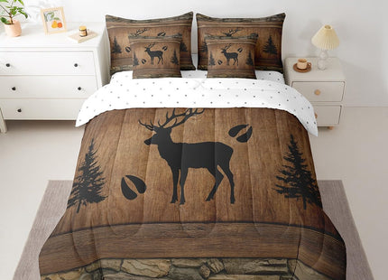 Manfei Rustic Deer Comforter Set 7 Pieces, Wild Animal Theme Bed Set for Boys Adults, Brown Wooden Plank Bedding Twin with 1 Comforter,1 Fitted Sheet,1 Flat Sheet,2 Pillowcases,2 Throw Pillow Cover