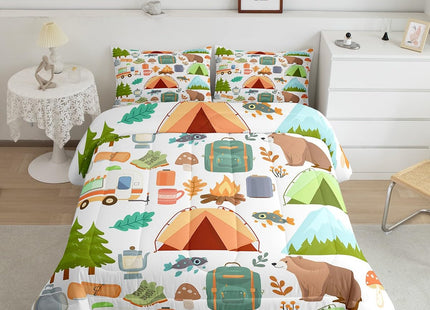 Cute Camper Car Comforter Set Full, Happy Camping Bedding Sets for Kids Girls Boys, Woodland Bear Hunting Theme Quilt Set, Camper Accessories Bedding, Travel Trailers Rv Decoration Down Comforter