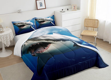 Kids Comforter Set for Boys Girls,3D Shark Fish Down Comforter 2 Piece Hawaiian Beach Theme Bedding Quilted Duvet Set Ocean Sea Animal Pattern Blue Duvet Insert for Toddler Teen Bedroom Decor,Twin