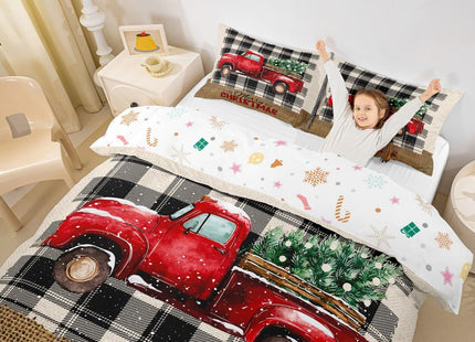 Kids Christmas Truck Duvet Cover Set Full Size,Xmas Tree Snowflake Bedding,Girls Boys Adults Room/Cabin Decor,Geometric Grids Plaid Chic Comforter Cover,Rustic Retro Quilt Cover,3pcs,2 Pillowcases