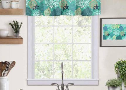 Coastal Valance Curtains for Windows Starfish Shellfish Kitchen Curtains Window Treatment Aqua Green Beach Coral Curtain Rod Pocket Valances for Kitchen Bathroom Living Room 54x18 inch, 1 Panel