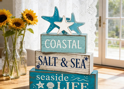 4 Pcs Summer Beach Table Decor Starfish & Seashell Coastal Nautical Wooden Block Signs, Rustic Farmhouse Tiered Tray Decorations for Home Bathroom Office Desk Shelf Mantel
