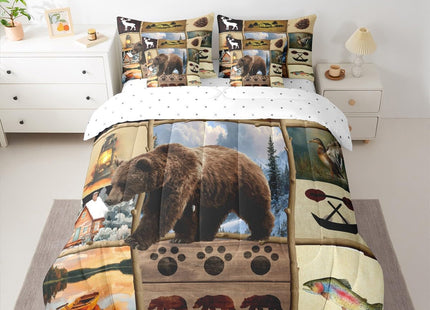 Feelyou Rustic Farmhouse Bear Twin Comforter Set with Sheets for Kids Boys Girls Hunting Wild Animal 7 Pieces Bedding Set Patchwork Cabin Lodge Bed in a Bag Room Decor Soft Microfiber