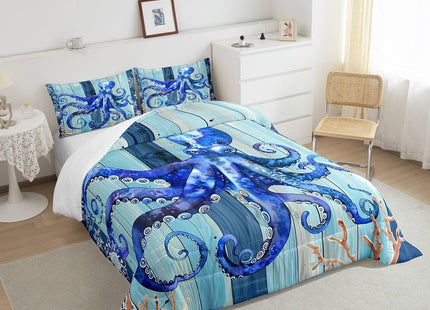Erosebridal Blue Ocean Bedding Set Octopus Tentacles Comforter Set for Kids Child Wooden Plank Mandala Boho Floral Duvet Insert Under Sea Coral Reptile Duvet Filler Nautical Sea Animal Room Decor