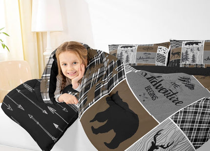 Erosebridal Rustic Patchwork Twin Comforter Set for Boys, Retro Country Farmhouse Quilt Cabin Room Decor, Western Deer Bear Bedding Woodland Wildlife Adventure Camping Duvet Insert, Gray Brown