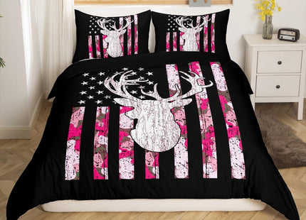 Erosebridal Pink Camo Deer Bedding Set Hunting Duvet Cover Twin Retro Camouflage American Flag Cover for Comforter,Western Farmhouse Antlers Quilt Cover for Kids Girls Teen Women with Zipper 2 Pcs