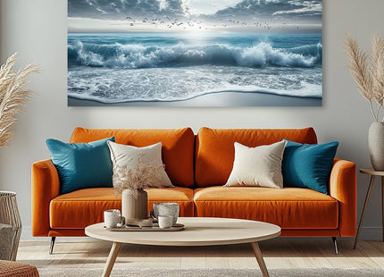 ZOMNAI Blue Ocean Beach Wall Art for Living Room Office Coastal Waves Canvas Painting Prints Art Deco Artwork Boys Bedroom Decor (20x40 Inches)