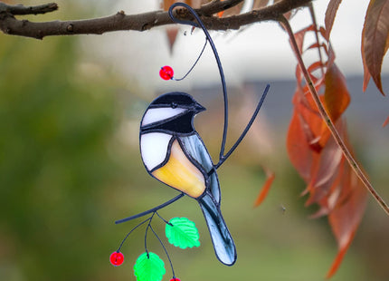 Lolitarcrafts Chickadee Stained Glass Suncatcher Bird Stained Glass Window Hangings for Window Decoration