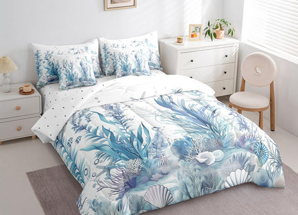 Erosebridal Coral Reefs Bed in A Bag Underwater World Bedding Set with Sheets Cute Ocean Animal Queen Comforter Set 7 Piece for Kids Adults Starfish Shell Fish Bed Set Teal Blue Marine Decor