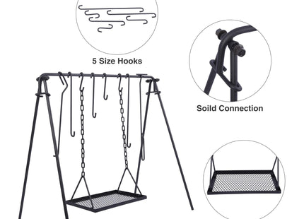 Lineslife Grill Swing Hanging Campfire Cooking Stand with Adjustable Iron Grill Grate, Collapsible Campfire Cooking Rack with Hooks and Accessories for BBQ Picnic, Outdoor Camping Cookware, Dutch Oven