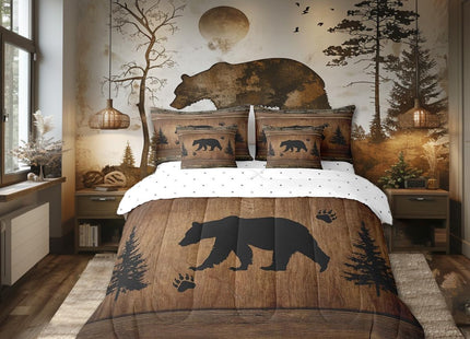 Manfei Rustic Bear Comforter Set 7 Pieces, Wild Animals Hunt Bed Set for Boys Adults, Brown Wooden Plank Bedding Twin with 1 Comforter,1 Fitted Sheet,1 Flat Sheet,2 Pillowcases,2 Throw Pillow Cover