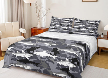 Erosebridal Boys Camo Sharks Bed Sheets Queen,Kids Black White Grey Camouflage Sheet Set Deep Ocean Animal Bedding Set,Soft Microfiber Cool Wildlife Fitted Sheet + Flat Sheet + 2 Pillow Cases