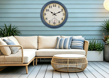 Horizent Large Outdoor Clocks Waterproof with Thermometer Combo Rustic Coastal Wall Clock Decor for Bathroom Patio Pool (16 Inch,Blue)