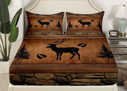 Manfei Rustic Deer Sheet Set Queen Size, Black Tree Deer Paw Print Bed Sheet Set 4pcs with Deep Pocket Fitted Sheet + Flat Sheet + 2 Pillowcases, Brwon Wooden Plank Bedding Set for Kids Boy Room Decor