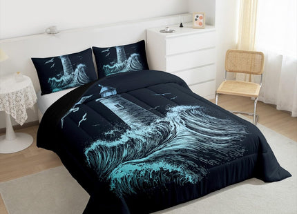 Erosebridal Nautical Comforter Set Twin, Lighthouse Down Comforter for Kids Boys Men, Ocean Wave Quilted Duvet, Surfing Coastal Bedding Comforters, Navy Blue Hand Drawn,Ultra Lightweight