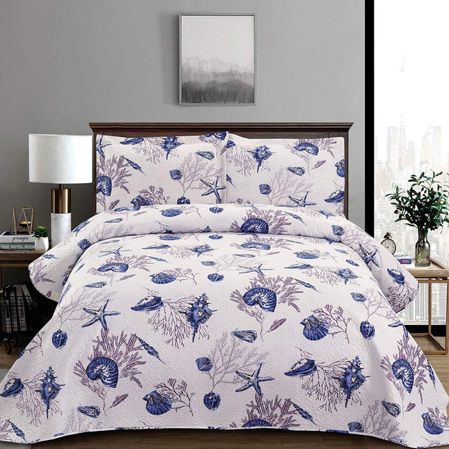 Coastal Ocean Quilt Set - Twin Size Beach Bedspread - Lightweight Reversible Quilt - Starfish Shell Conch Home Decor