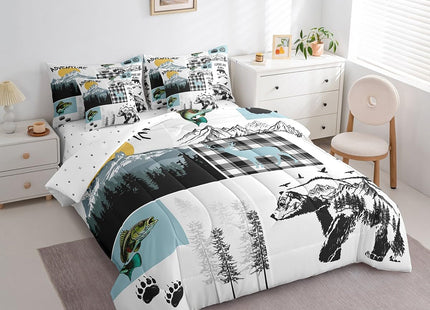 Erosebridal Cabin Bear Deer Comforter Set Queen 7 Piece Hunting Fishing Bass Fish Bedding Set with Sheets,Rustic Farmhouse Buffalo Plaid Bed in A Bag for Kids Boys Men Woodland Animal Bed Set