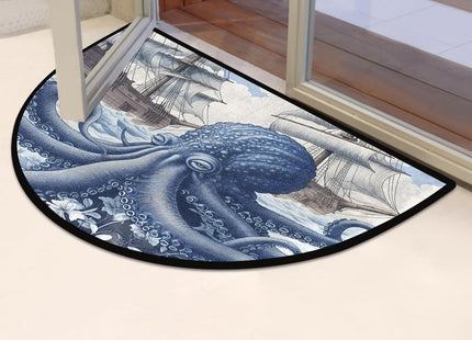 Half Round Doormat Non-Slip Area Rug, Blue Nautical Octopus Huge Ocean Kraken Circle Door Mats Entryway Floor Rug Indoor for Kitchen Living Room Bathroom,36 x 24 Inch