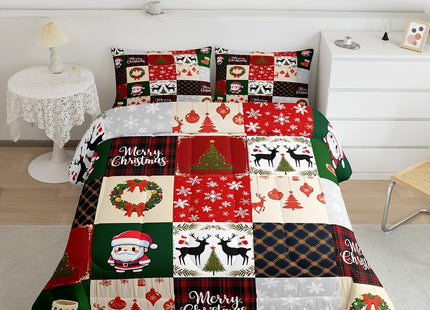 Homewish Merry Christmas Comforter Set Twin Size,Xmas Deer Santa Claus Pine Tree Bedding Set for Kids Girls Boys Red Green Grid Patchwork Plaid Quilt Set Winter Snowflake Duvet Insert,1 Pillowcase