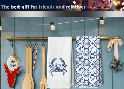DAYOUER Blue and White Chinoiserie Crab Coastal Kitchen Dish Towels, Beach Bathroom Decor, Grandmillennial Preppy Bow Crab Decorative Hand Tea Towels for Bathroom Kitchen, 16x24 Inches Set of 2