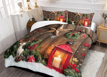CCoutueChen Rustic Farmhouse Comforter Set King Size, Retro Cabin Lodge Bedding Set for Adult,3Pcs Christmas Themed Lightweight Comforter with 2 Pillowcases/90 * 104,Brown