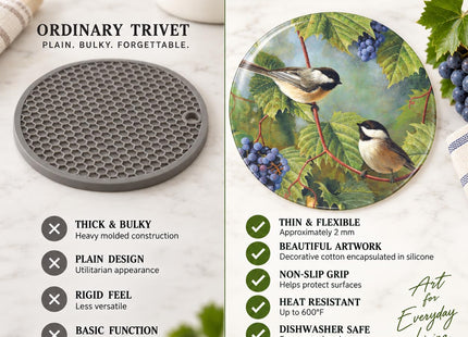 Andreas Silicone Chickadee & Grapes 8" Non-Slip Trivet, USA Made, TR-HB2333