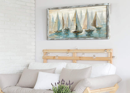 Beach Pictures Wall Decor Framed: Large Coastal Artwork Sailboat Picture Wall Art Abstract Painting on Ocean Seaside Wooden Art for Bedroom(48x24)