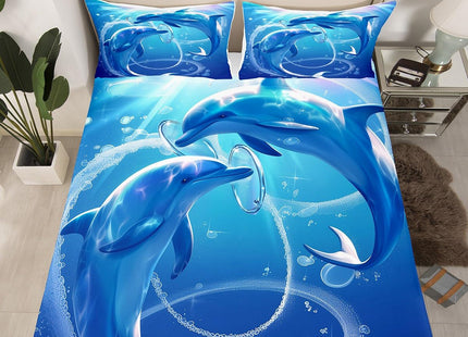 Dolphin Bed Sheets Set Twin, Underwater World Sheet Set for Kids Boys Girls, Cute Marine Life Bedding, Blue Wave Decor Sheets with Pocket, Soft Microfiber Flat Fitted Sheet Ocean Theme Room Decor