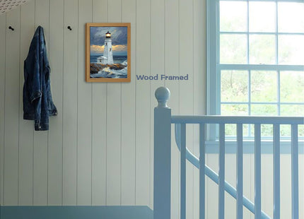 Moarmxiy Blue Ocean Island Lighthouse Wall Art, 24x16inch Wood Framed