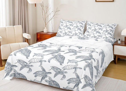 Erosebridal Tortoise Bed Sheets Twin, Sea Turtle Sheet Set 3 Pcs Boho Chic Reptile Flat/Top Sheets + Ocean Life Fitted Sheet Deep Pocket+ Coastal Nature Theme Decor 1 Pillow Sham, Gray White