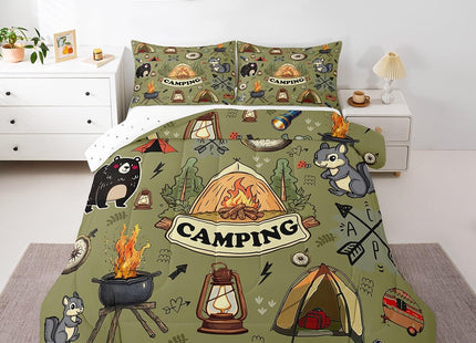 Erosebridal Camping Tent Toddler Bedding Set,RV Camper Comforter Set Camping Decor for Travel Trailer,Rustic Cabin Bear Fox Quilt Set Woodland Adventure Bed Comforter Sets,1 Pillowcase