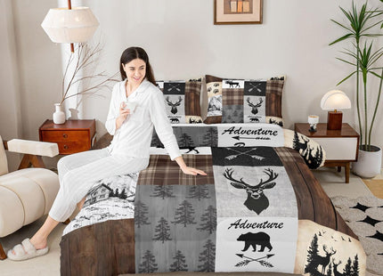 Deer Hunting Twin Comforter Set for Adult Women Boys, Wild Animal Moose Bear Bedding Set Western Rustic Farmstyle Bedroom Decor,Buffalo Plaid Patchwork Duvet Insert for Girls Teens Kids Soft Quilt