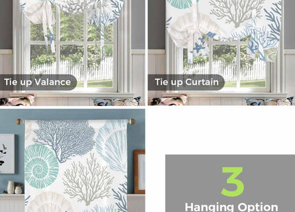 Coastal Tie Up Curtains 45 Inches Long, Beach Blue Teal Coral Kitchen Window Curtains Over Sink, Sea Nautical Starfish Small Window Curtains Shade Balloon Curtains Valances for Bedroom/Cafe 34"x45"