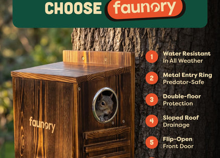Faunory Squirrel House, Outdoor Wooden Squirrel Nesting Box with Predator Guard, DIY Squirrel Box for Trees, Gardens and Backyards
