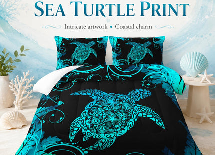 AILONEN Polynesian Sea Turtle Comforter Set Full Size, Dreamy Aqua Blue Bedding Fluorescence Texture Plant Abstract Turtle Star Conch Quilt Set All Season 3Pcs (1 Comforter + 2 Pillowcases)