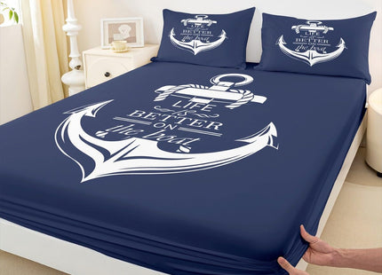 Castle Fairy Nautical Anchor Bed Sheet Set King Size,Boat Life Themed Art Anchor Print Deep Pocket Fitted Sheet,1 Flat,2 Pillowcases,Blue Ocean Themed Navy Bed Mattress Cover, Bedroom Decor