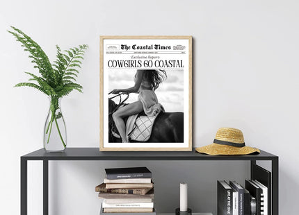 Cowgirls Go Coastal Newspaper OAK Framed Wall Art 12x16 inch