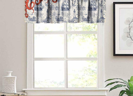 SHElifestyle Nautical Red Octopus Window Valance Curtain, Ocean Anchors Lighthouse Beach Vintage Coastal Map Pirate Ship Window Treatments Valance for Bedroom Living Room Kitchen 54x18inch