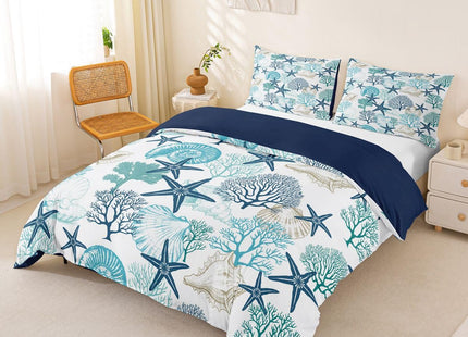 Homewish Coastal Style Bedding Sets Full Size,Shell Coral Starfish Duvet Cover Set 3Pcs for Kids Girls Boys Teens Room Decor,Ocean Beach Comforter Cover Sea Blue Nautical Quilt Cover,2 Pillowcases