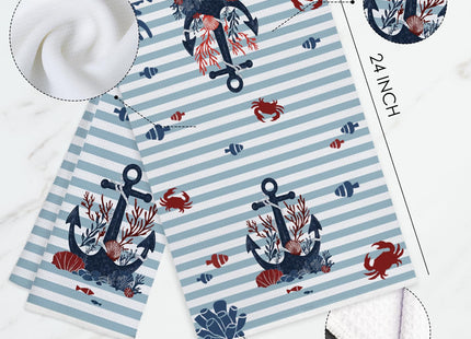 Nautical Anchor Kitchen Towels, Coastal Beach Hand Towels for Bathroom, Blue Striped Fish Decorative Dish Tea Towels for Kitchen Decor, Coastal Nautical Bathroom Decor, 16x24 Inch