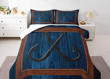 Anchor Nautical Kids Comforter Set Twin Size,Fish Hook Lake House Fishing Theme Bedding Set,Girls Boys Adults Room Decor,Wooden Plank Camper Down Comforter,Blue Rustic Duvet Insert,1 Pillowcase