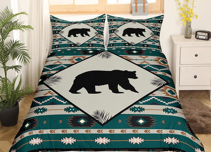 Wild Bear Bedding Set King Size for Bedroom Decorative,Geometric Flower Stripes Leaves Plant Boho Style Duvet Cover,Wildlife Animal Silhouette Bedding Quilt Cover with 2 Pillow Cases(Not Comforter)