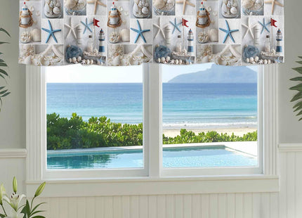 Nautical Valance Curtain for Window,Coastal Lighthouse Starfish Collage Plaid Rod Pocket Kitchen Valances Short Curtain Panel Summer Beach Conch Window Treatment Drape for Bathroom/Bedroom/Cafe