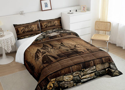 Erosebridal Rustic Farmhouse Bedding Sets Happy Camping Comforter Set for Camper Twin,Country Cabin Lodge Camper Bedding Comforter Sets Rv Accessories for Travel Trailers Quilt Set Brown Black