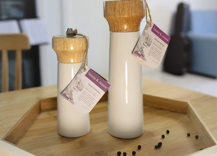 White Salt Grinder Wooden Pepper 8"+6" Salt Grinder Set Pepper Mill Salt & Pepper Shakers - Stainless Ceramic Refillable Stylish for Sea Salt Black Pepper -By Tessïe & Jessïe Lighthouse